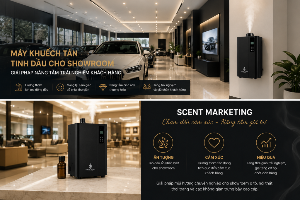 Tìm hiểu giải pháp máy khuếch tán tinh dầu cho showroom ô tô, nội thất và cửa hàng cao cấp. Tối ưu trải nghiệm khách hàng bằng scent marketing chuyên nghiệp.